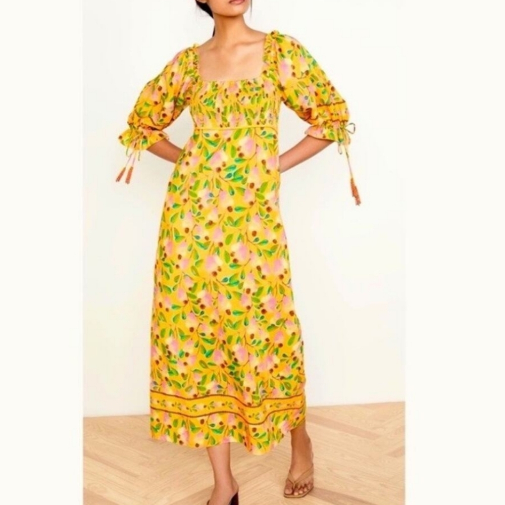 FARM RIO Mini Cashew Maxi Dress Beaded Tassel Puff Sleeve XS